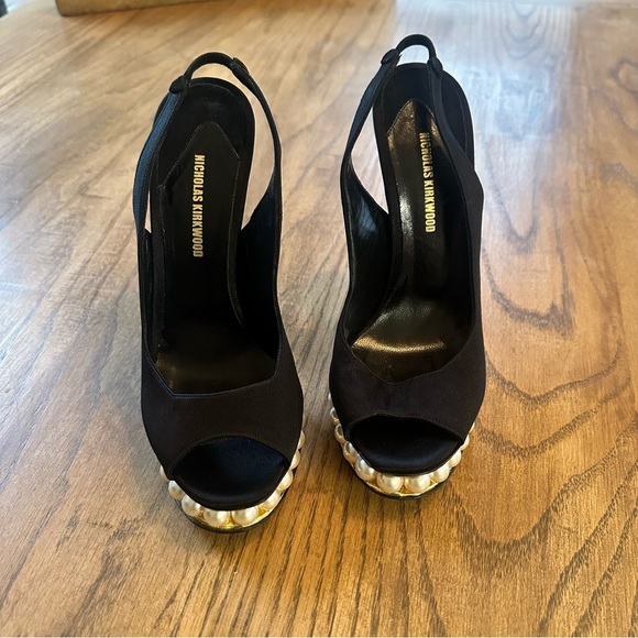 Nicholas Kirkwood Black Satin Peep-Toe Faux Pearl Slingback Sandals Size 37 / 7 - Picture 2 of 14
